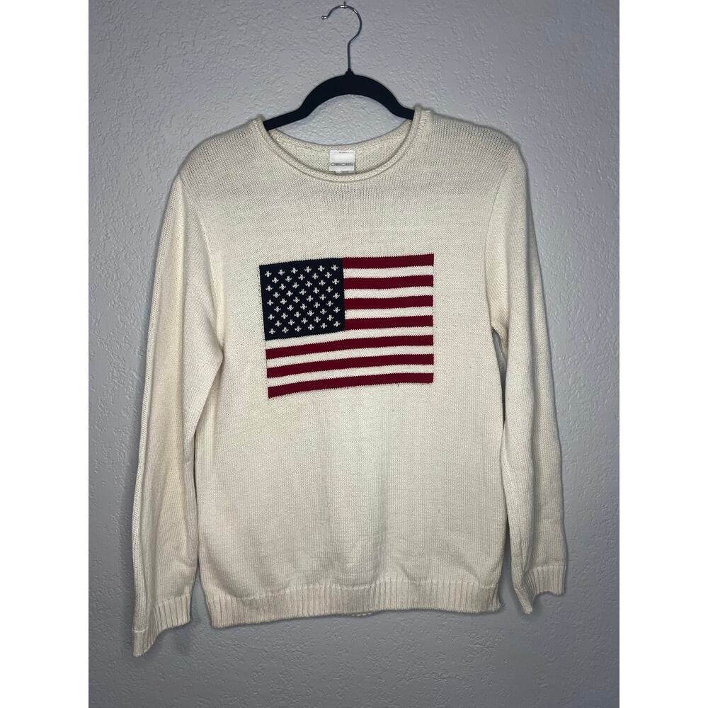 Vintage Cream Sweater with Red & Blue American Flag